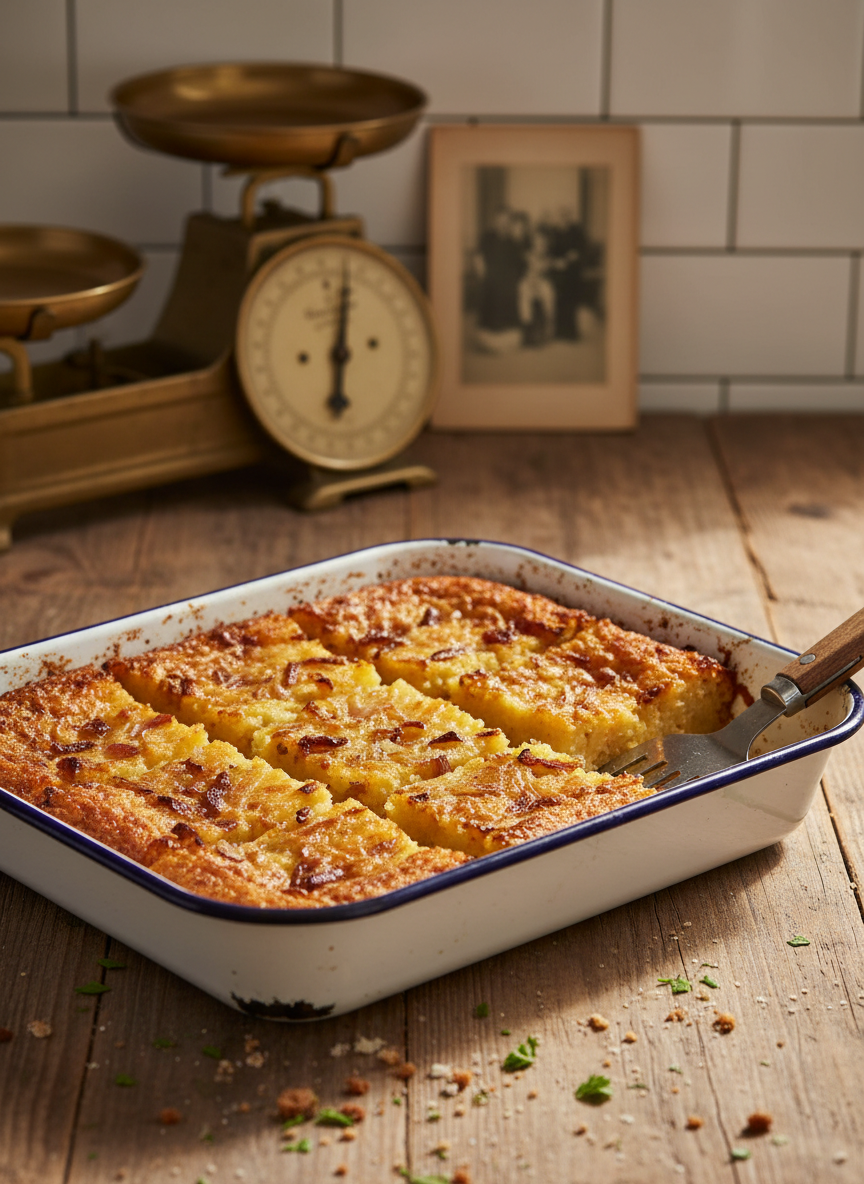 A rustic enamel baking dish filled with neatly arranged slices of potato kugel, each piece showing a perfectly browned, slightly crisp top and soft, tender interior dotted with caramelized onion. A serving spatula rests at the edge, its metal surface reflecting subtle highlights. The dish sits on a timeworn wooden farmhouse table sprinkled with a few stray crumbs and flecks of fresh parsley. In the softly blurred background, an old brass kitchen scale and a faded black-and-white photograph lean against white-tiled walls. Warm, diffused midday light from the right side adds depth and emphasizes the golden hues. Captured from a three-quarter angle with shallow depth of field, the image feels authentic, homely, and historically grounded while maintaining a sophisticated photographic realism.