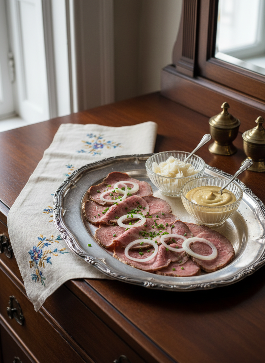 A close-up view of an ornate, slightly tarnished silver platter bearing carefully arranged slices of cold boiled beef, each slice marbled and glistening, garnished with rings of pickled onion and finely chopped chives. Small glass bowls of freshly grated horseradish and a smooth mustard sauce accompany the meat. The platter rests on a dark, polished wooden sideboard alongside a folded embroidered runner and a pair of antique brass salt cellars. Subtle side lighting from a tall, unseen window creates a dignified interplay of light and shadow across the metal and meat surfaces. Photographic realism with a narrow depth of field keeps the platter in crisp focus while the background elements softly fade, evoking refined Jewish German bourgeois dining culture.