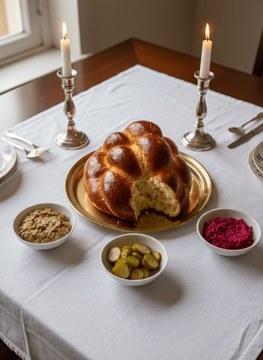 An elegant overhead view of a Shabbat table centered on a glossy, richly braided challah loaf with a deep mahogany crust and a soft, slightly torn end revealing its tender crumb. Surrounding it are small porcelain dishes of chopped liver, bright beet horseradish, and pickled cucumbers arranged with careful symmetry on a crisp white tablecloth. Silver candlesticks with softly glowing candles flank the bread, their reflections gleaming in a polished brass tray. Diffused warm evening light bathes the scene, enhancing golden tones and creating gentle, elongated shadows. The composition follows the rule of thirds with sharp focus on the challah and subtly blurred edges, evoking a refined, historically rooted Jewish German family table in photographic realism.