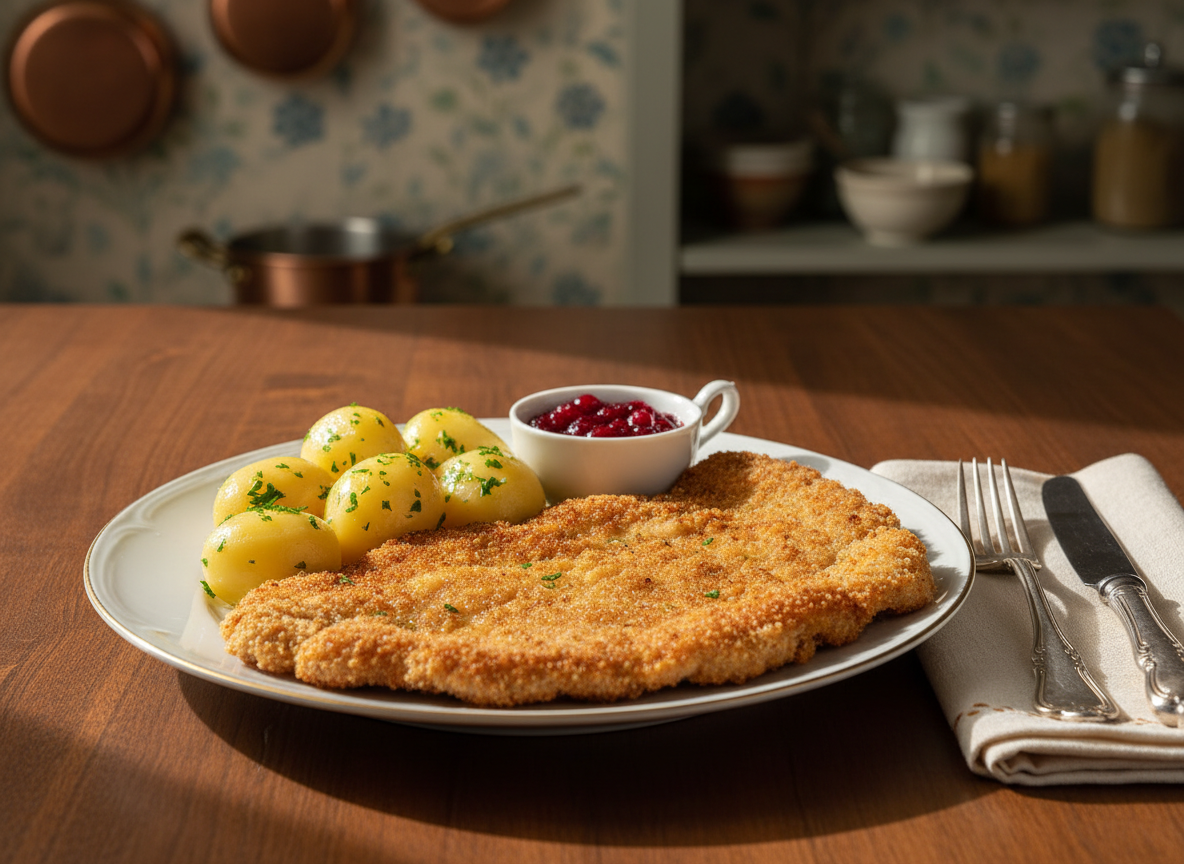 A meticulously plated serving of golden-brown schnitzel made from tender veal, its crisp, bubbly breadcrumb crust catching the light, accompanied by a neat mound of lemony parsley potatoes and a small dish of vibrant lingonberry compote. The plate rests on a smooth, dark wooden table with a subtle grain, beside a folded linen napkin and elegant vintage-style silverware. Soft afternoon daylight streams from the left, creating gentle highlights on the schnitzel’s texture and casting understated shadows. The background is softly blurred, revealing hints of antique kitchenware and a muted floral wallpaper. Photographic realism, shot from a slightly elevated angle with shallow depth of field, conveys a sophisticated yet comforting Ashkenazi home-kitchen atmosphere.