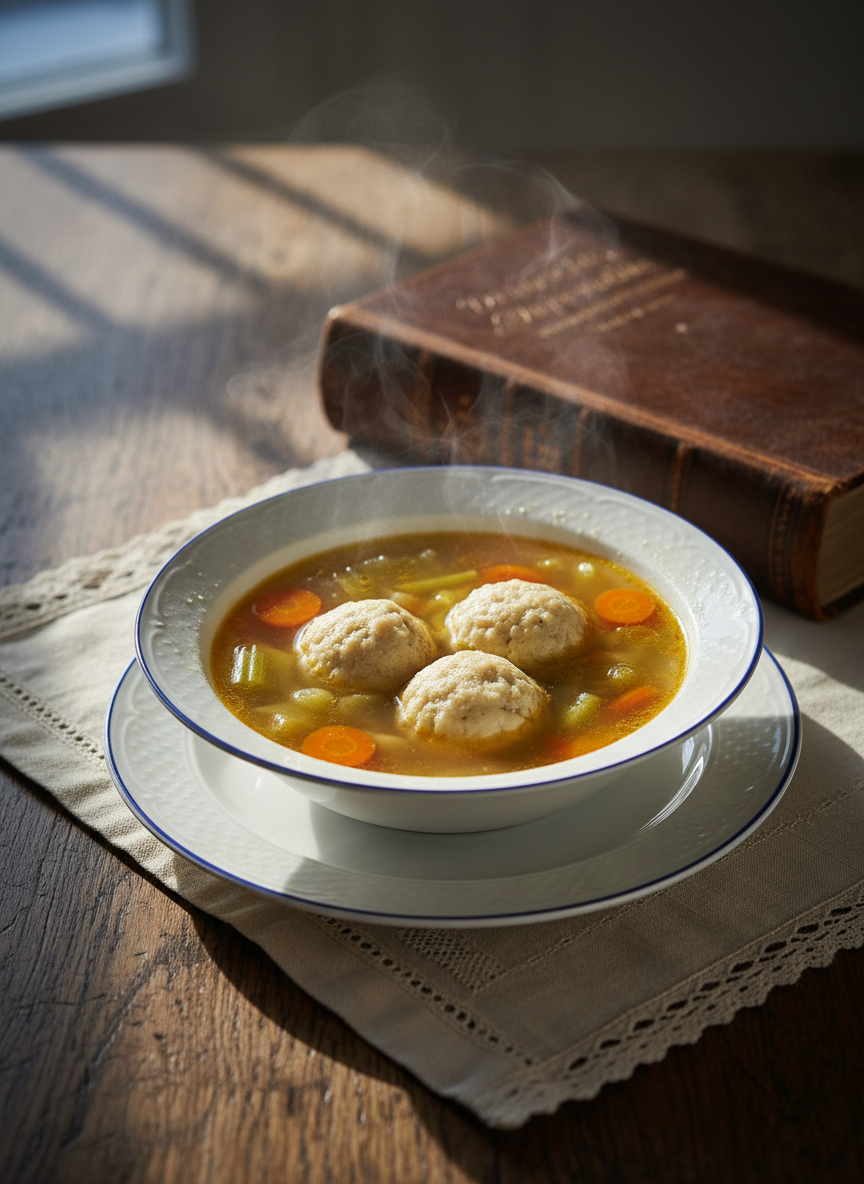 A steaming bowl of rich chicken soup in a fine white porcelain bowl with a delicate blue rim, filled with clear golden broth, thinly sliced carrots, celery, and a few perfectly shaped matzo balls floating on the surface. Droplets of condensation cling to the bowl’s exterior. The bowl stands on a lace-trimmed linen placemat atop an old oak table, next to a worn, leather-bound German-language cookbook opened to a soup recipe. Early morning winter light enters from a nearby window, cool and soft, contrasting with the warm glow of the soup. Shot at eye level with a gentle vignette and moderate depth of field, the mood is quietly nostalgic, sophisticated, and comforting in photographic realism.