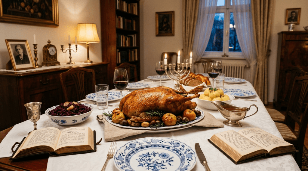 A festive candlelit dinner table featuring roast goose and a menorah.